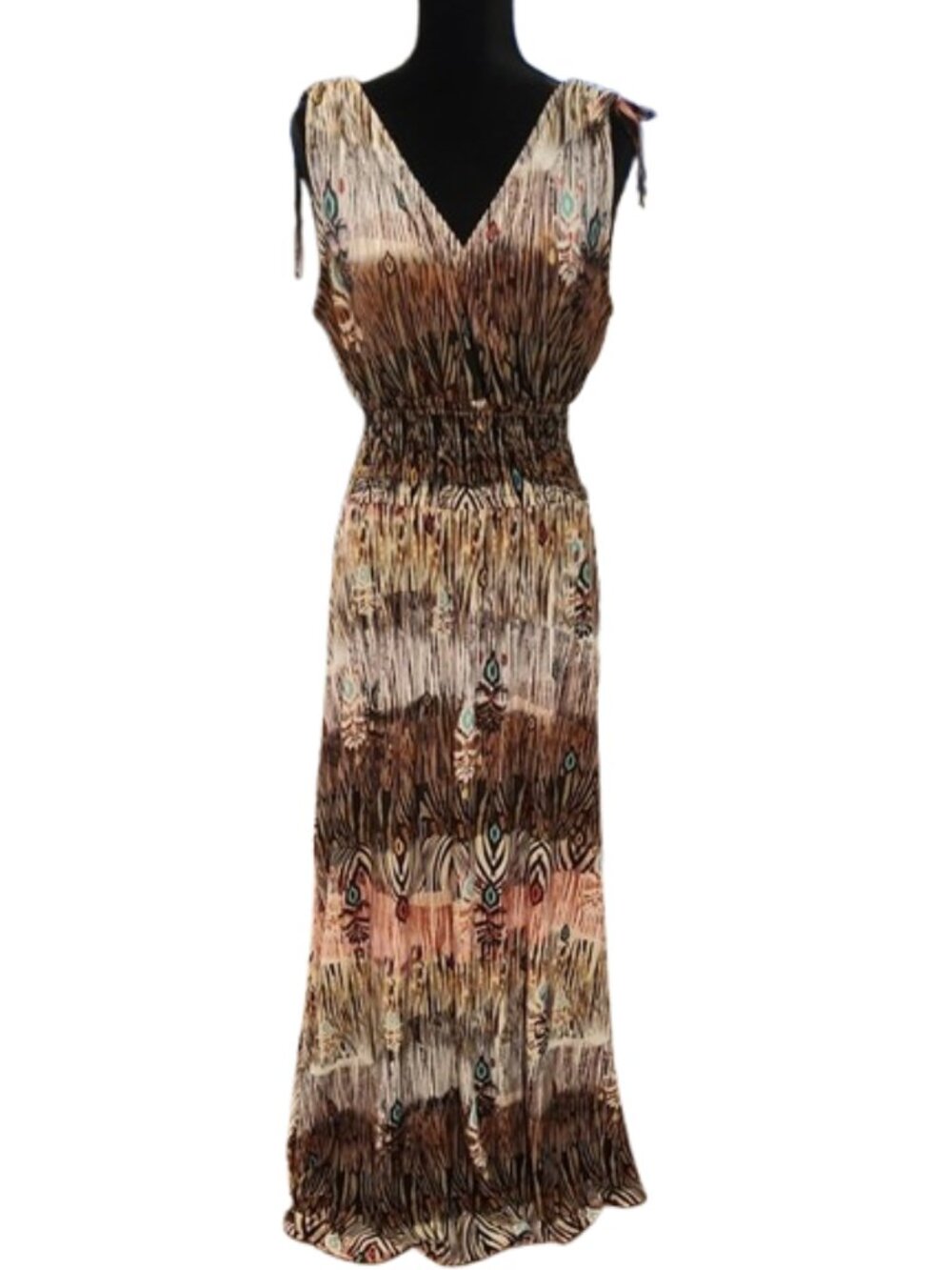[Just Love] Women’s V-Neck Sleeveless Maxi Dress in Brown Multicolor - Size L